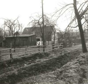 Altdöbern-Reddern. Gehöft. Straßenansicht mit Schuppen und Wohnhaus, davor Koppel