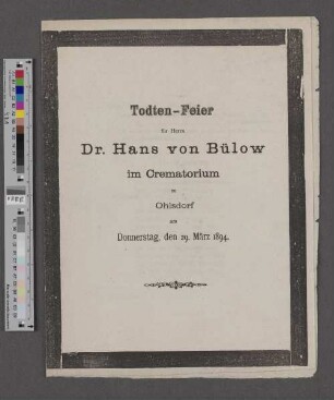 Programm der Totenfeier für Hans von Bülow im Krematorium Ohlsdorf