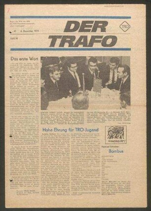 TRO-Betriebszeitung 'Der Trafo'; Nr. 49/1971 (6. Dezember 1971)