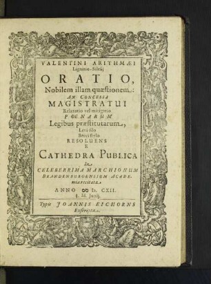 Valentini Arithmaei Oratio, Nobilem illam quaestionem: ...