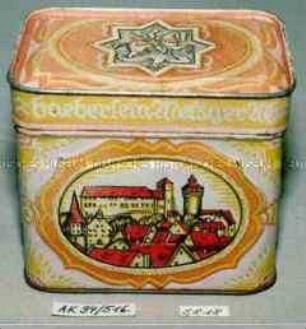 Blechdose für Lebkuchen "Haeberlein Metzger" (auf Boden: Vereinigte Nürnberger Lebkuchen und Schokoladen-Fabriken HEINRICH HAEBERLEIN F.G. METZGER A.G.)