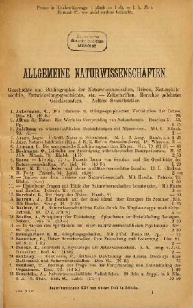 Lager-Verzeichnis ..., 25. Allgemeine Naturwissenschaften und Zoologie : Inhalts-Verzeichnis umstehend