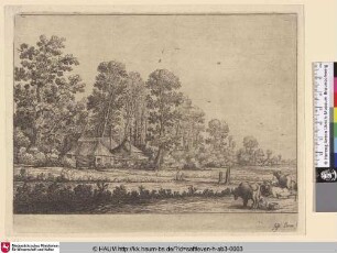 [Ein Bauernhof inmitten von Bäumen hinter einem Feld und ein Mädchen eine Kuh melkend; Field before farm amid trees: girl milking a cow]