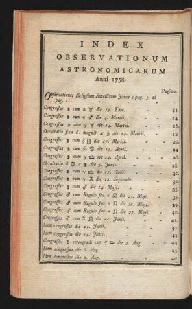Index Observationum Astronomicarum Anni 1758.