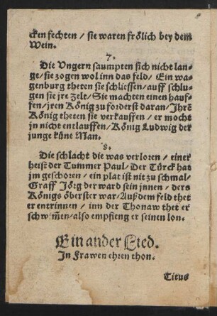 Ein ander Lied. || Jn Frawen ehren thon. ||
