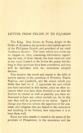 Letter from Felipe IV to Fajardo
