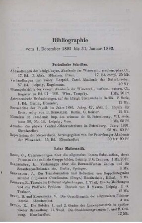 Bibliographie vom 1. December 1892 bis 31. Januar 1893.