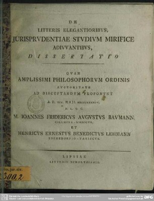De Litteris Elegantioribus Iurisprudentiae Studium Mirifice Adiuvantibus, Dissertatio