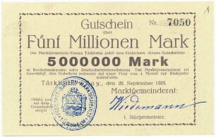 Geldschein / Notgeld, 5 Millionen Mark, 20.9.1923