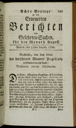 Achte Beylage. Rostock, den 31sten August, 1766