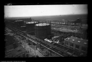 Rundblick vom Turmgerüst Bau Me 103 Dampfkesselhaus, Me 1 Wassergasanlage, Me 2 Kontaktgasanlage, Me 6 Wasserwerk und Luftzentrale, Me 501, 502, 503, 504, 508 Gasbehälter
