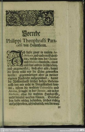Vorrede Philippi Theophrasti Paracelsi von Hohenheim