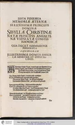 Justa Funebria Memoriæ Æternæ Dominæ Sibyllæ Christinæ Natæ Principis Anhaltinæ Viduatæ Comitis Hanoicæ