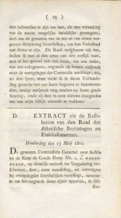 D. Extract uit de Resolutien van den Raad der Asiatische Bezittingen en Etablissementen
