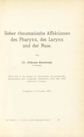 Ueber rheumatische Affektionen des Pharynx, des Larynx und der Nase