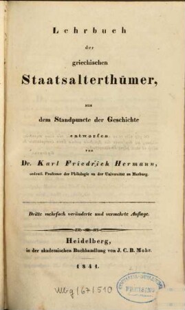 Lehrbuch der griechischen Staatsalterthümer : aus dem Standpuncte der Geschichte entworfen