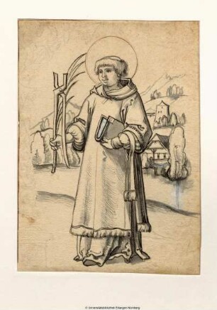 Jugendlicher Heiliger Mönch, mit einer Zange in der Rechten, ein Buch unterm linken Arm, vor einer Ortschaft am Wasser (Der Heilige Pelagius?)