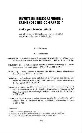 245-266, Inventaire bibliographique: Criminologie comparée