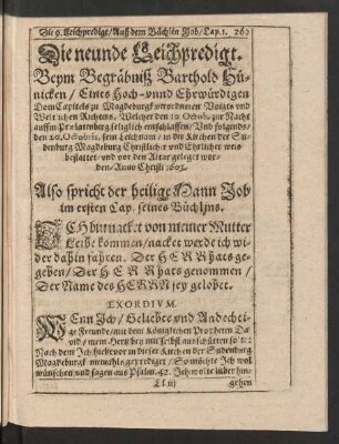 Die neunde Leichpredigt. Beym Begräbniß Barthold Hünicken/ Eines Hoch- unnd Ehrwürdigen Dom Capitels zu Magdeburgk ...