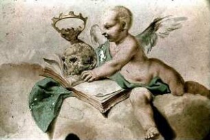 Pendentif über der Justitia-Statue: Putti mit Fasces, Krone, Schädel und Buch