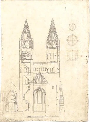 Dolmetsch, Heinrich; Murrhardt ; Ev. Stadtkirche, Restaurierung - Türme, Chor u. Waltrichskapelle (Querschnitt, Teilansichten)