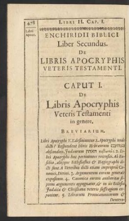Enchiridii Biblici Liber Secundus. De Libris Apocryphis Veteris Testamenti.