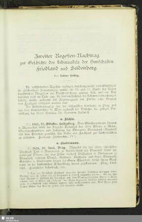 Zweiter Regesten- Nachtrag zur Geschichte des Lehensadels der Herrschaften Friedland und Seidenberg