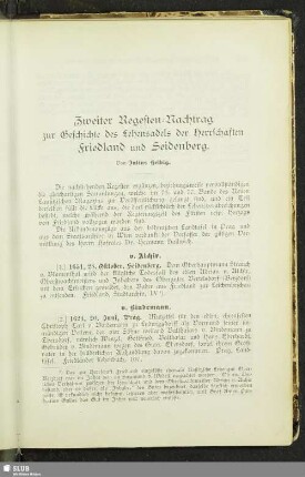 Zweiter Regesten- Nachtrag zur Geschichte des Lehensadels der Herrschaften Friedland und Seidenberg