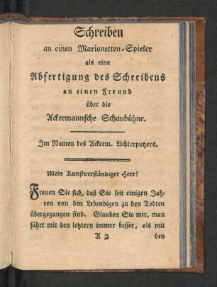 Schreiben an einen Marionetten-Spieler ...