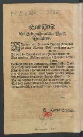 Grabschrifft Des Seligen Herrn Bau-Meister Peilickens.