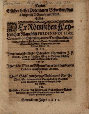 Copien etlicher hohen Potentaten Schreiben, das Königreich Böheimb betreffend