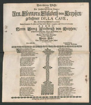 Unterthänige Pflicht/ Welche Der ... Frn. Eleonora Elisabeth von Kreytzen/ gebohrner De La Cave, Sr. Hochwollgebohrnen Excellenz Unsers Hochteuren Pr. Ober- und Regiements-Rahts/ Cantzlern/ und Tribunals Praesidenten/ Herrn /Herrn Georg Friederich von Kreytzen/ Erbherrn auf Weßlienen/ Porren/ Wollfshöfen/ [et]c. [et]c. Hochgeliebten Gemahlin/ Meiner Gnädigen Frauen/ Bey Dero schätzbahren Wiegen-Feste/ Den 7. October dieses 1692sten Jahres