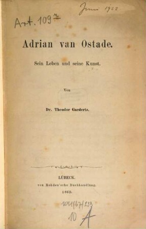 Adrian van Ostade : sein Leben und seine Kunst