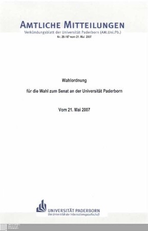 Wahlordnung für die Wahl zum Senat an der Universität Paderborn : vom 21. Mai 2007