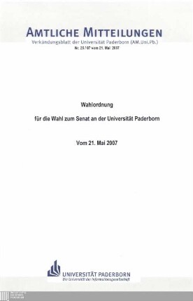 Wahlordnung für die Wahl zum Senat an der Universität Paderborn : vom 21. Mai 2007