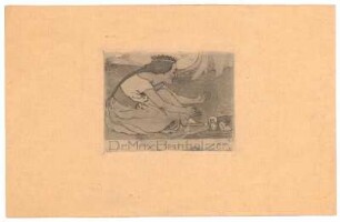 Exlibris für Dr. Max Banholzer : Märchenszene aus Froschkönig, Prinzessin erhält ihre goldene Kugel vom Frosch aus dem Tümpel, Namenszug unterhalb der Darstellung; signiert