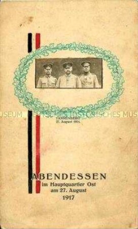 Speisekarte für das Abendessen im Hauptquartier Ost am 27. August 1917