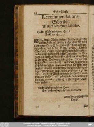 Recommendations-Schreiben An einen vornehmen Minister.