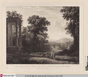 [Landschaft mit Kühen und Ziegen im Vordergrund, dabei der Hirt und die Hirtin]