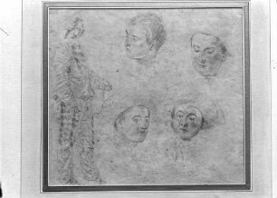 Studienblatt mit Figur und 4 Köpfen