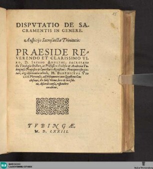 Dispvtatio De Sacramentis In Genere