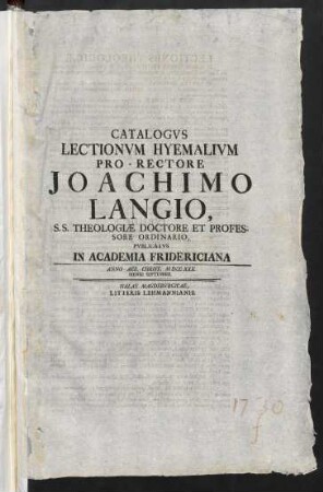 Catalogus lectionum ... pro-rectore ... publicatus in Academia Fridericiana
