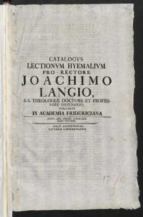 Catalogus lectionum ... pro-rectore ... publicatus in Academia Fridericiana