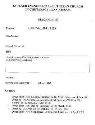 United Lutheran Church & National L.Council (American Correspondence)