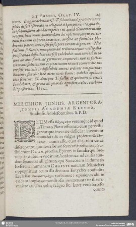 Melchior Junius, Argentoratensis Academiae Rector, Studiosis Adolescentibus