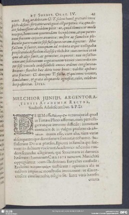 Melchior Junius, Argentoratensis Academiae Rector, Studiosis Adolescentibus