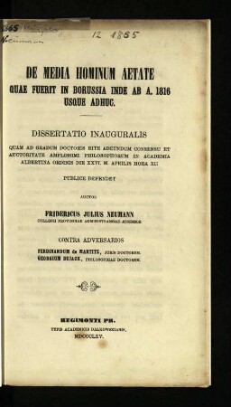 De media hominum aetate quae fuerit in Borussia inde ab a. 1816 usque adhuc