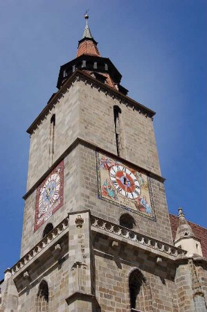 Turm der evangelischen gotischen Pfarrkirche, der sogenannten "Schwarzen Kirche" (wegen eines 1689 ausgebrochenen Brandes), Brasov (Kronstadt) in Siebenbürgen, Rumänien