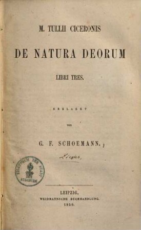 M. Tullii Ciceronis De natura deorum libri III