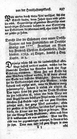 Bericht über die Erfindung einer neuen Dresch-Machine.